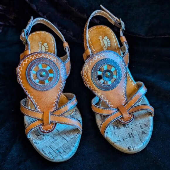 LIKE NEW Western Rodeo High-heel Sandals Medicine Wheel Leather Cork Spring Step - Picture 6 of 16